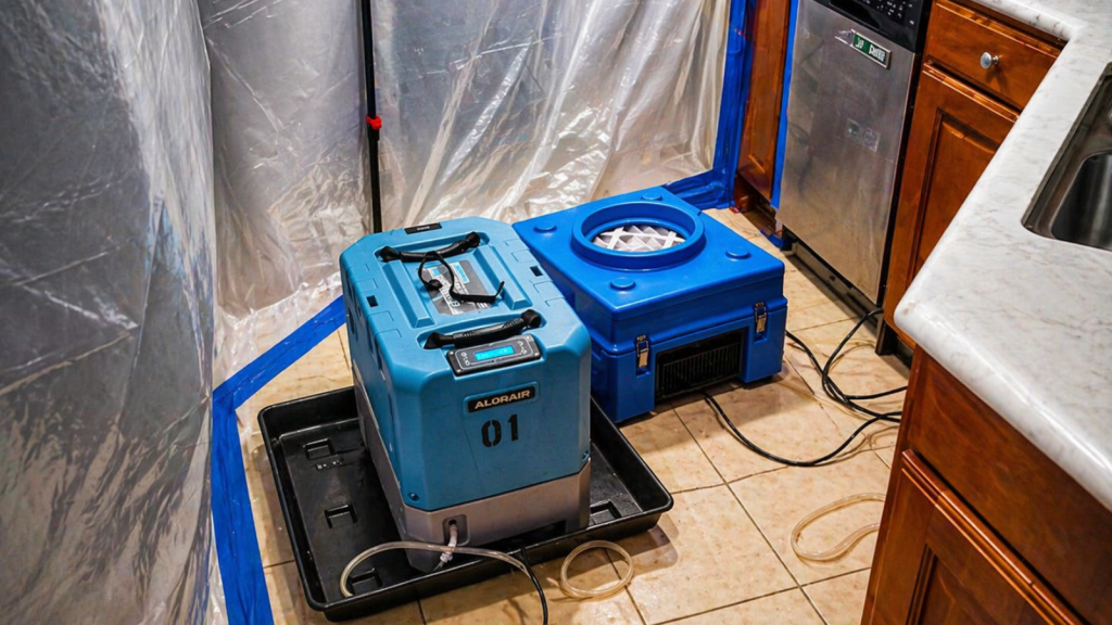 Professional mold testing equipment set up inside a home in Hayward CA