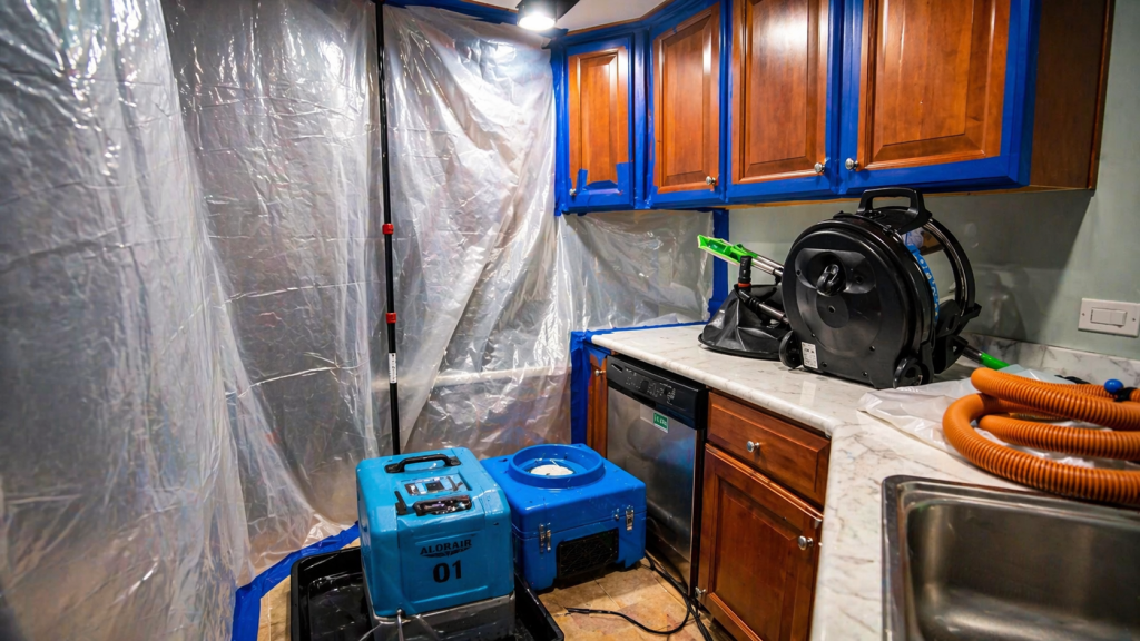 Professional mold testing equipment set up inside a home in Hayward CA